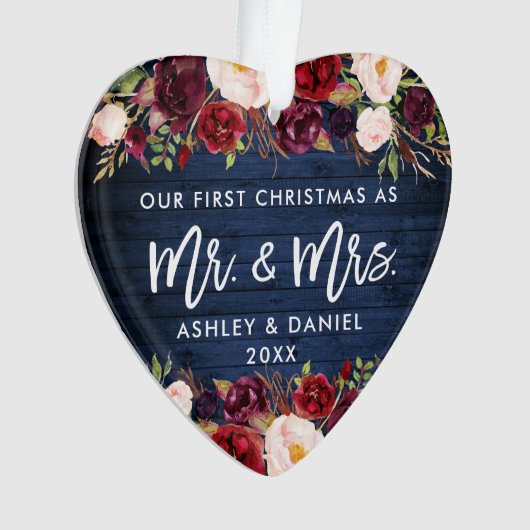 Rustic Burgundy Floral eerste kerstblauw Ornament (voorkant)