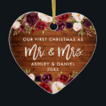 Rustic Burgundy Floral Eerste Kersthuwelijk Keramisch Ornament<br><div class="desc">Rustic Wood,  modern penseelscript,  Waterverf Burgundy Marsala Floral,  onze eerste kerst als Mr. en Mrs Heart Wedding Ornament</div>