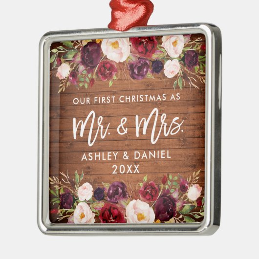 Rustic Burgundy Floral Eerste Kersthuwelijk Metalen Ornament (Links)