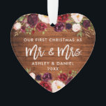 Rustic Burgundy Floral Eerste Kersthuwelijk Ornament<br><div class="desc">Rustic Wood,  modern penseelscript,  Waterverf Burgundy Marsala Floral,  onze eerste kerst als Mr. en Mrs Heart Wedding Ornament</div>