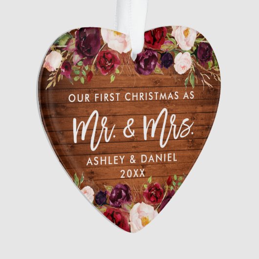 Rustic Burgundy Floral Eerste Kersthuwelijk Ornament (voorkant)