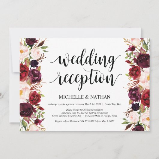 Rustic Burgundy Floral Elopement Reception nodigt  Kaart (Voorkant)