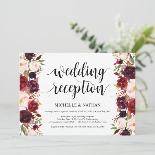 Rustic Burgundy Floral Elopement Reception nodigt  Kaart (Staand voorkant)