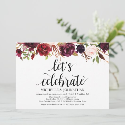Rustic Burgundy Floral Elopement Reception nodigt  Kaart (Staand voorkant)