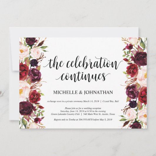 Rustic Burgundy Floral Elopement Reception nodigt  Kaart (Voorkant)