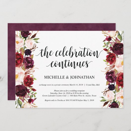 Rustic Burgundy Floral Elopement Reception nodigt Kaart (Voorkant / Achterkant)