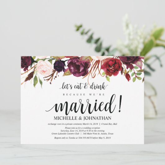 Rustic Burgundy Floral Elopement Reception nodigt  Kaart (Staand voorkant)