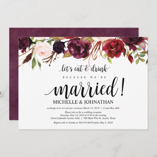 Rustic Burgundy Floral Elopement Reception nodigt  Kaart (Voorkant / Achterkant)