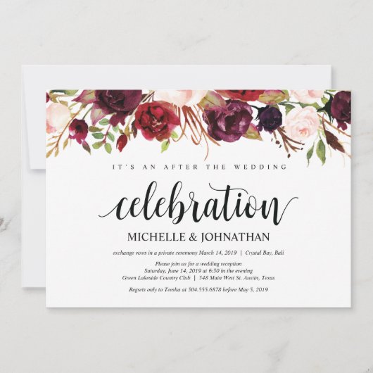 Rustic Burgundy Floral Elopement Reception nodigt  Kaart (Voorkant)