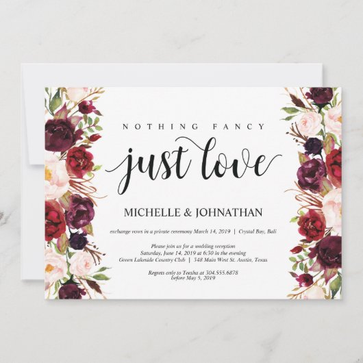 Rustic Burgundy Floral Elopement Reception nodigt  Kaart (Voorkant)