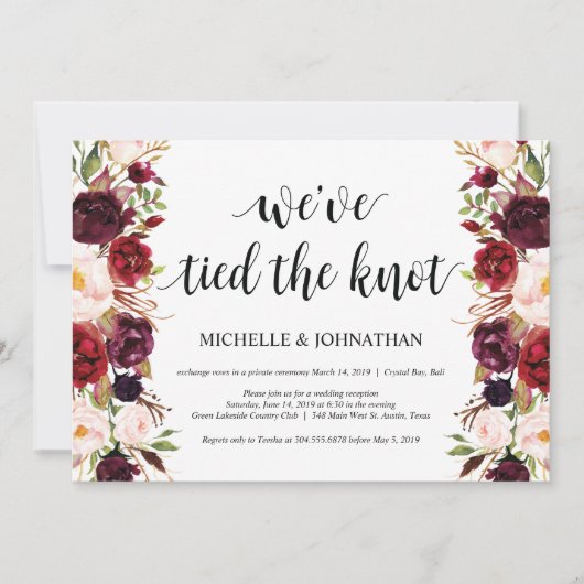Rustic Burgundy Floral Elopement Reception nodigt  Kaart (Voorkant)
