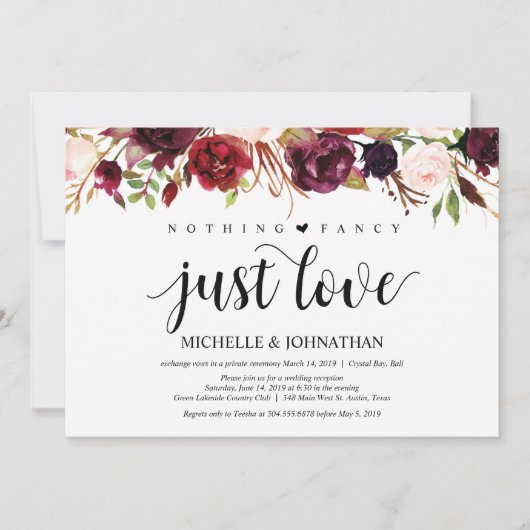 Rustic Burgundy Floral Elopement Reception nodigt Kaart (Voorkant)