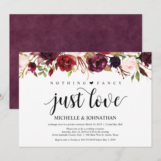 Rustic Burgundy Floral Elopement Reception nodigt Kaart (Voorkant / Achterkant)