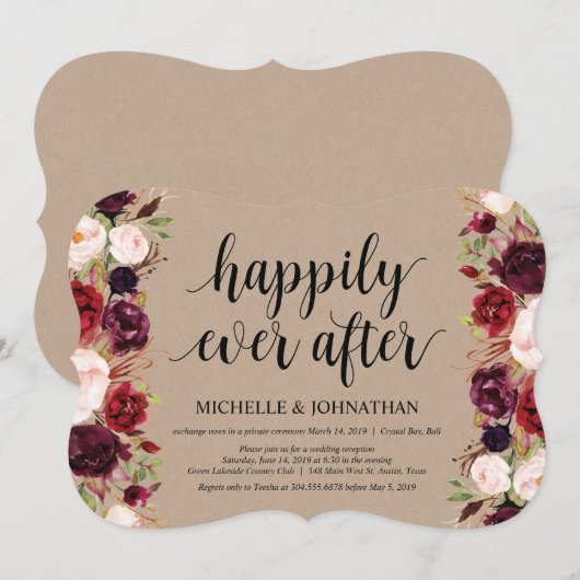Rustic Burgundy Floral Elopement Reception nodigt Kaart (Voorkant / Achterkant)