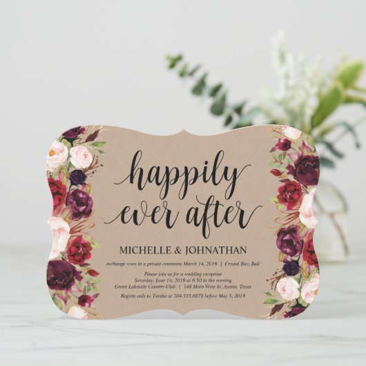 Rustic Burgundy Floral Elopement Reception nodigt  Kaart (Staand voorkant)
