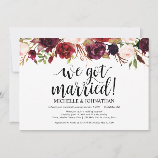 Rustic Burgundy Floral Elopement Reception nodigt  Kaart (Voorkant)