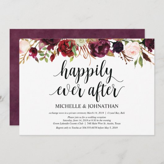 Rustic Burgundy Floral Elopement Reception nodigt Kaart (Voorkant / Achterkant)