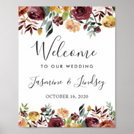 Rustic Burgundy Floral Fall Wedding Welcome Sign Poster