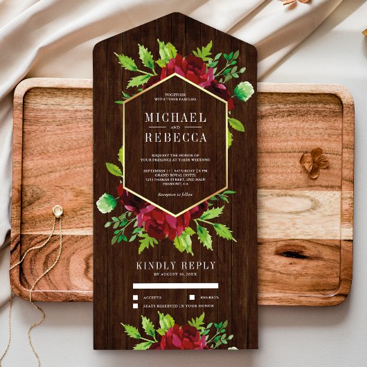 Rustic Burgundy Floral Gold Barn Wood Wedding All In One Uitnodiging