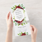 Rustic Burgundy Floral Gold Greenery Wedding All In One Uitnodiging (Afscheurbaar)