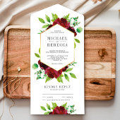 Rustic Burgundy Floral Gold Greenery Wedding All In One Uitnodiging