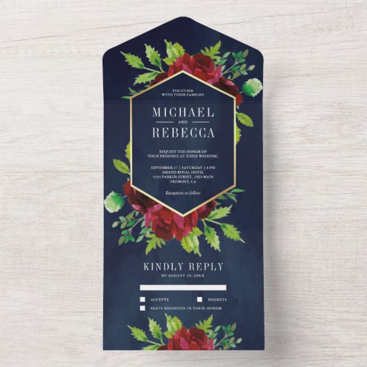 Rustic Burgundy Floral Gold Navy Blue Wedding All In One Uitnodiging (Binnen)