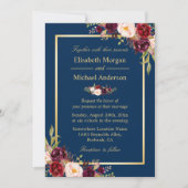 Rustic Burgundy Floral Gold Navy Blue Wedding Kaart (Voorkant)