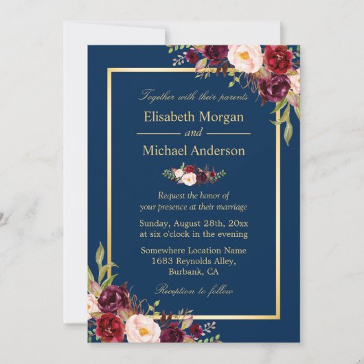 Rustic Burgundy Floral Gold Navy Blue Wedding Kaart (Voorkant)