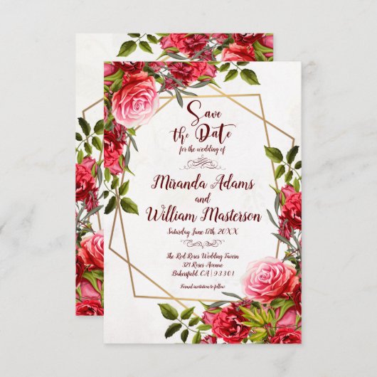 Rustic Burgundy Floral Gold Save the Date Wedding Kaart (Voorkant / Achterkant)