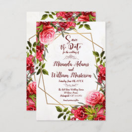 Rustic Burgundy Floral Gold Save the Date Wedding Kaart