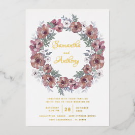 Rustic Burgundy Floral Gold Script Weddenschap Folie Uitnodiging