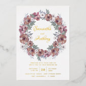 Rustic Burgundy Floral Gold Script Weddenschap Folie Uitnodiging (Voorkant)