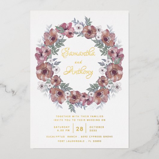 Rustic Burgundy Floral Gold Script Weddenschap Folie Uitnodiging (Voorkant)
