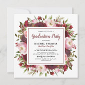 Rustic Burgundy Floral Graduation Party Kaart (Voorkant)