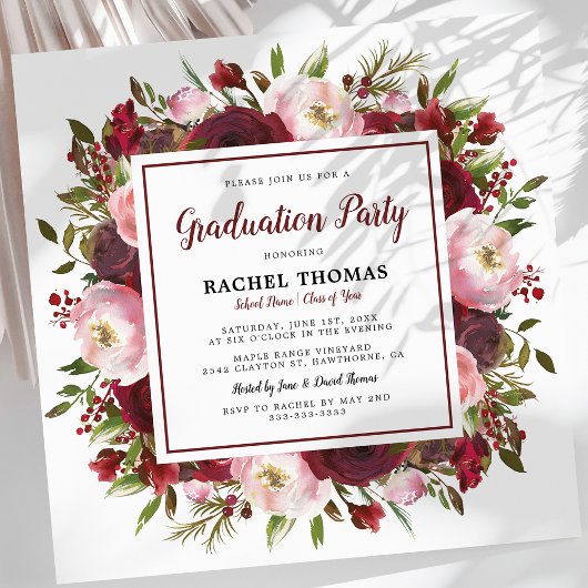 Rustic Burgundy Floral Graduation Party Kaart