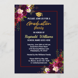 Rustic Burgundy Floral Graduation Party Kaart