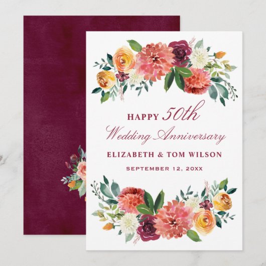 Rustic Burgundy Floral Happy Wedding Jubileum Kaart (Voorkant / Achterkant)