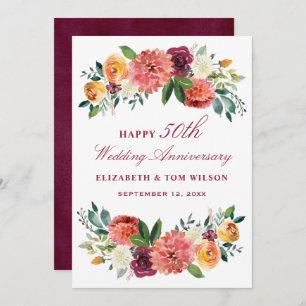 Rustic Burgundy Floral Happy Wedding Jubileum Kaart