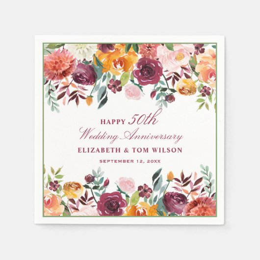 Rustic Burgundy Floral Happy Wedding Jubileum Servet (Voorkant)