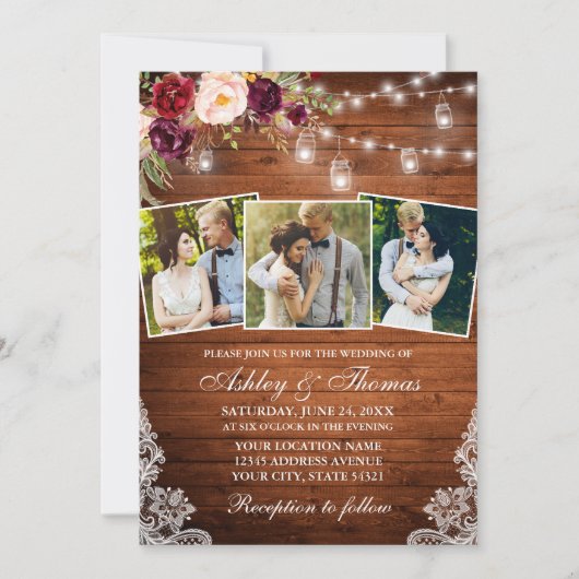 Rustic Burgundy Floral Jar Lights 3 Fotohuwelijk Kaart (Voorkant)