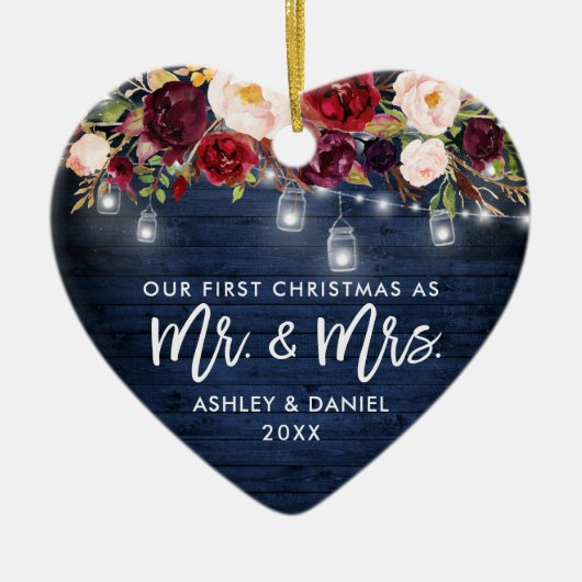 Rustic Burgundy Floral Jar Lights Kerstblauw Keramisch Ornament (Voorkant)