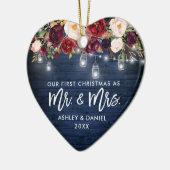 Rustic Burgundy Floral Jar Lights Kerstblauw Keramisch Ornament (Links)