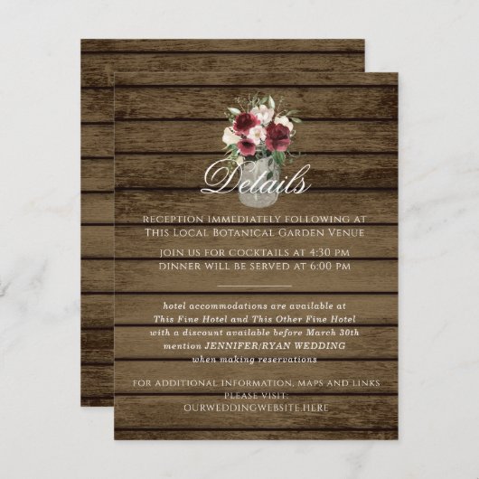 Rustic Burgundy Floral Jar - Versluitingskaart Informatiekaartje (Voorkant / Achterkant)