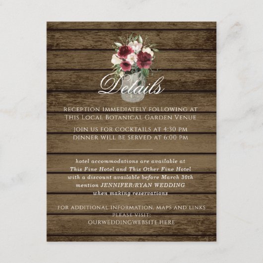 Rustic Burgundy Floral Jar - Versluitingskaart Informatiekaartje (Voorkant)