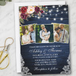 Rustic Burgundy Floral Lace Lights 3 Fotohuwelijk Kaart<br><div class="desc">Rustic Blue Wood,  Waterverf Burgundy Floral Wedding Lace Invitation with Burgundy Rozen,  roze rozen,  rode rozen en botanische groen. Koord-lampjes gloeien.</div>