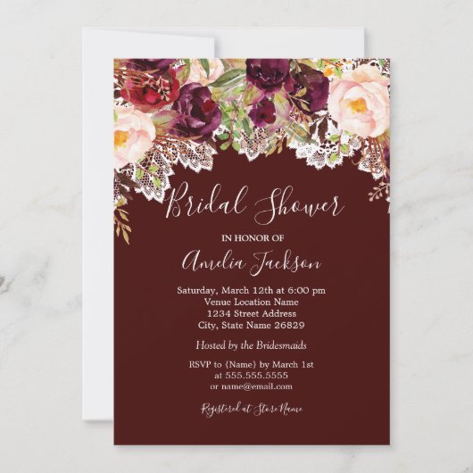Rustic Burgundy Floral Lace Vrijgezellenfeest Kaart (Voorkant)