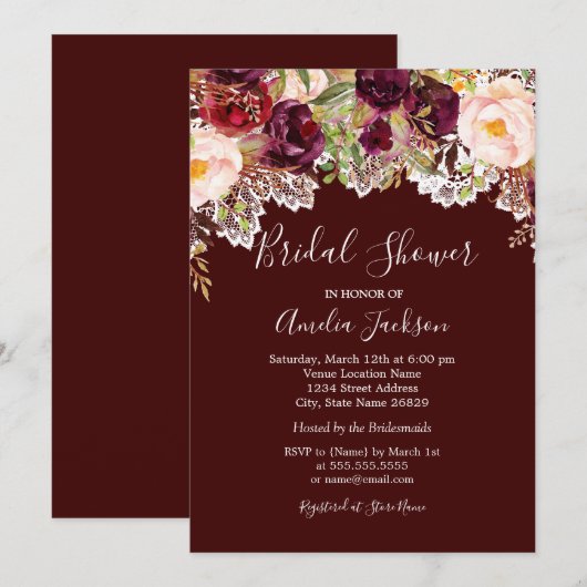 Rustic Burgundy Floral Lace Vrijgezellenfeest Kaart (Voorkant / Achterkant)