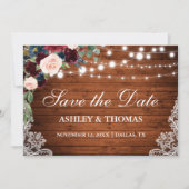Rustic Burgundy Floral Lace Wood Save the Date (Voorkant)