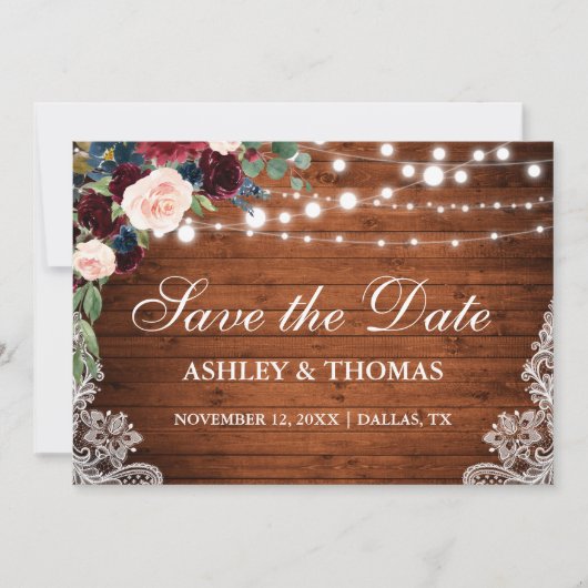 Rustic Burgundy Floral Lace Wood Save the Date (Voorkant)