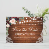 Rustic Burgundy Floral Lace Wood Save the Date (Staand voorkant)